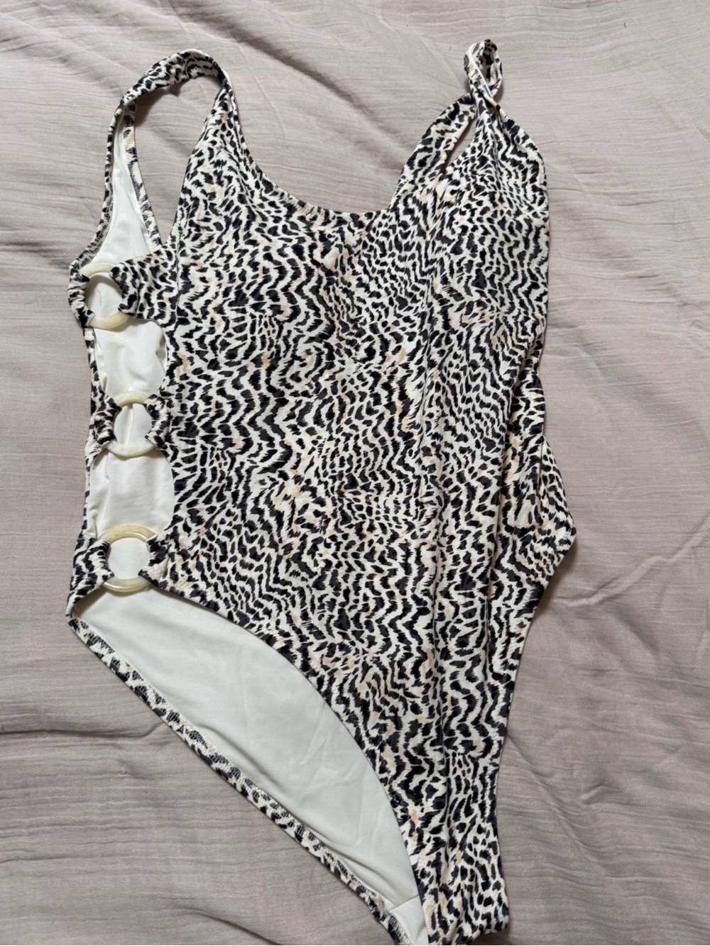 aerie Black and Cream Animal Print One-Piece Swimsuit with Ring Details